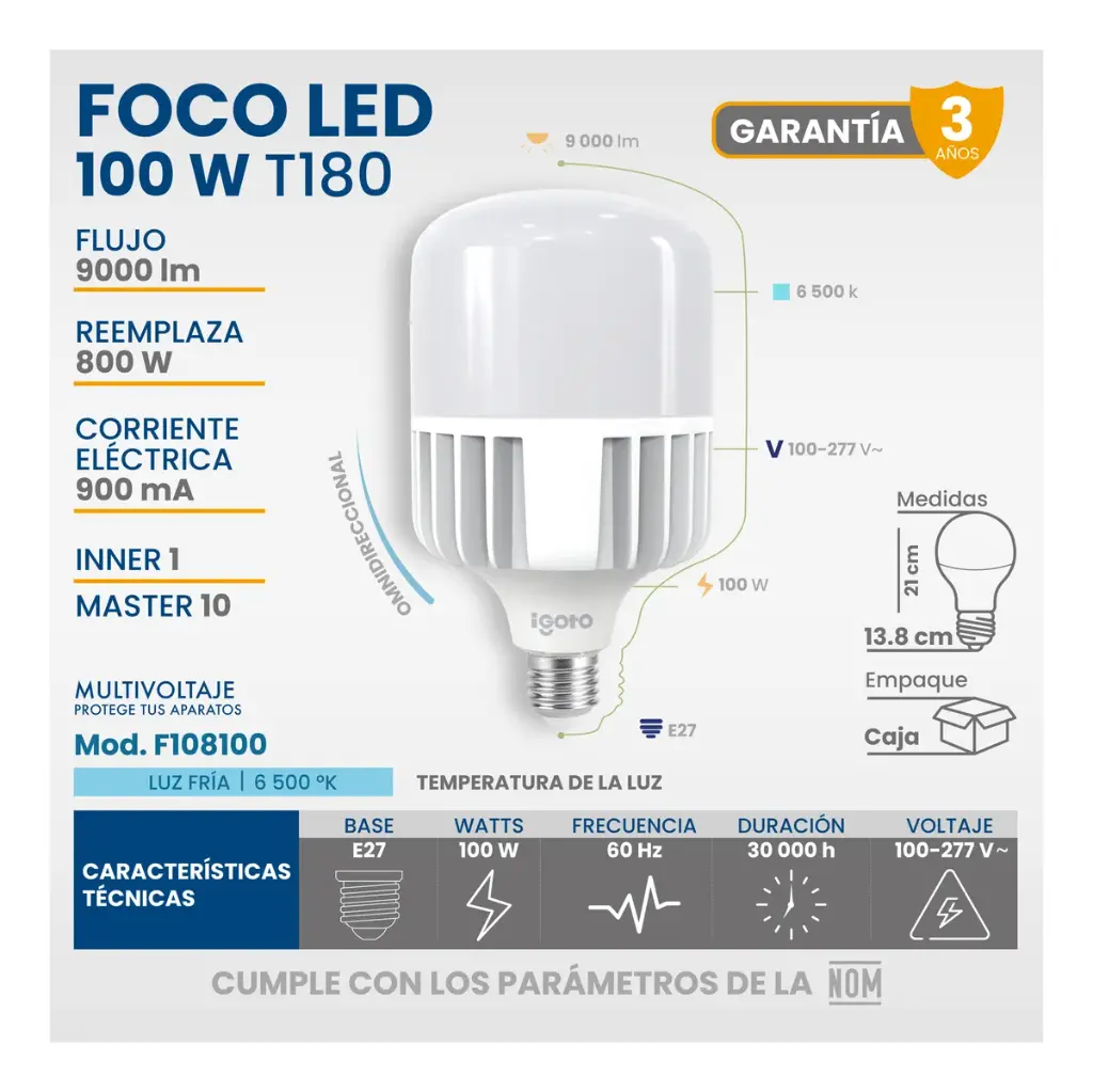 FOCO LED DE ALTA POTENCIA 100 W LUZ BLANCA 6500 K  9000 LM BASE E27 AXO LIGHT
