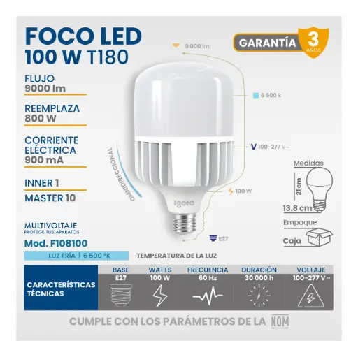 FOCO LED DE ALTA POTENCIA 100 W LUZ BLANCA 6500 K  9000 LM BASE E27 AXO LIGHT